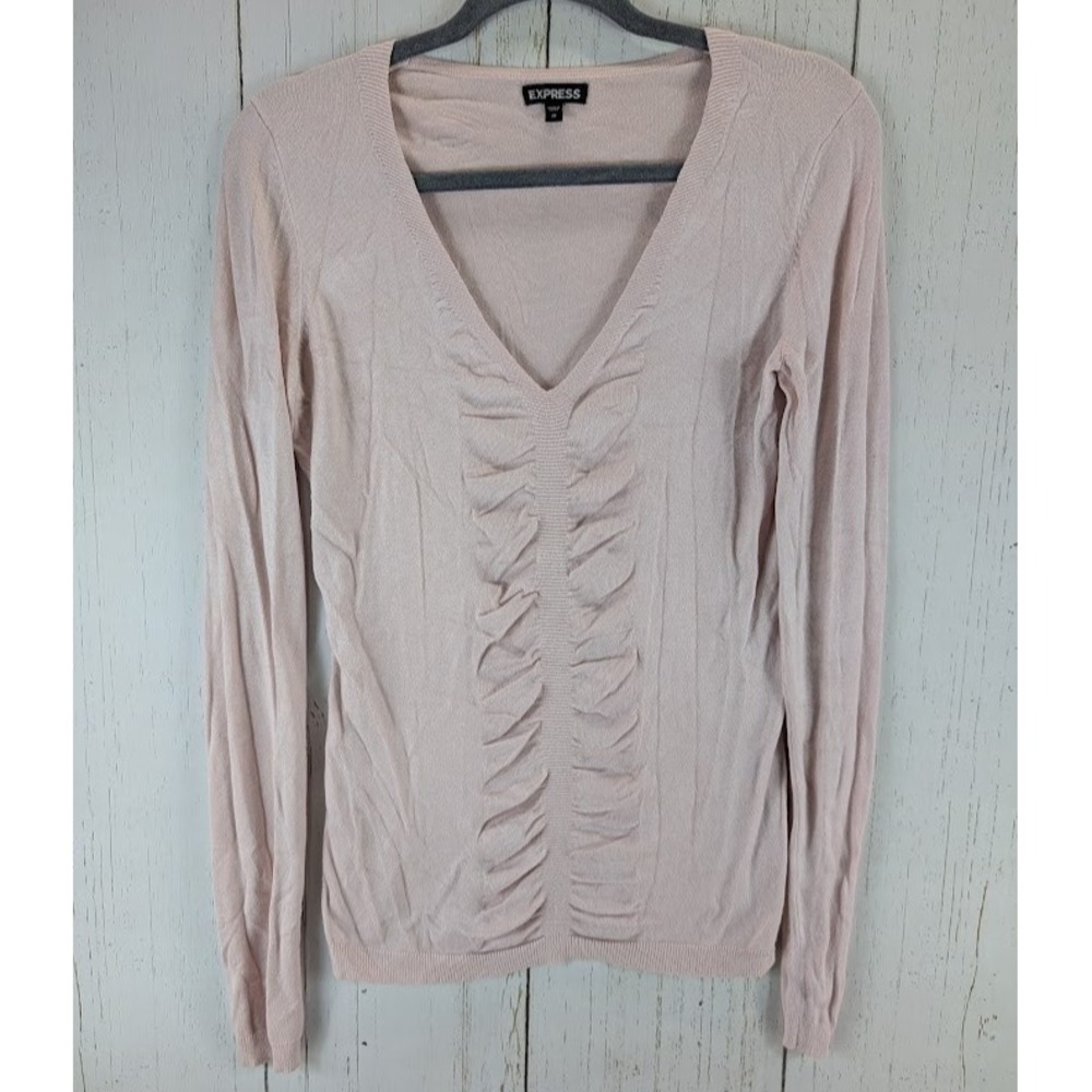 Express Size Small Light Pink V Neck Knit Ruched Front‎ Long Sleeve Top